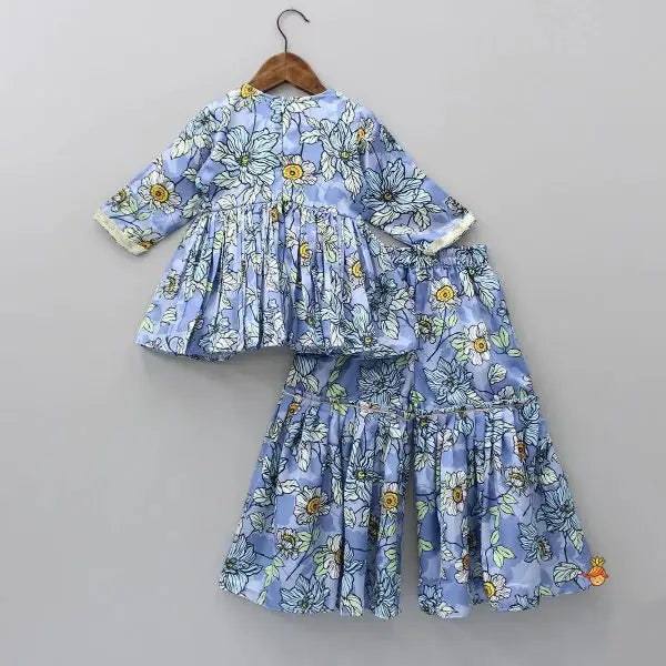 Girls Sky Blue Cotton Sharara Set β Printed Top Party Wear