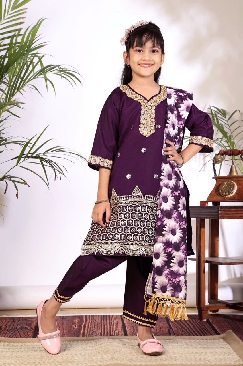 Girls Kurta Set β Floral Embroidered Silk Crepe Top Pant with Dupatta