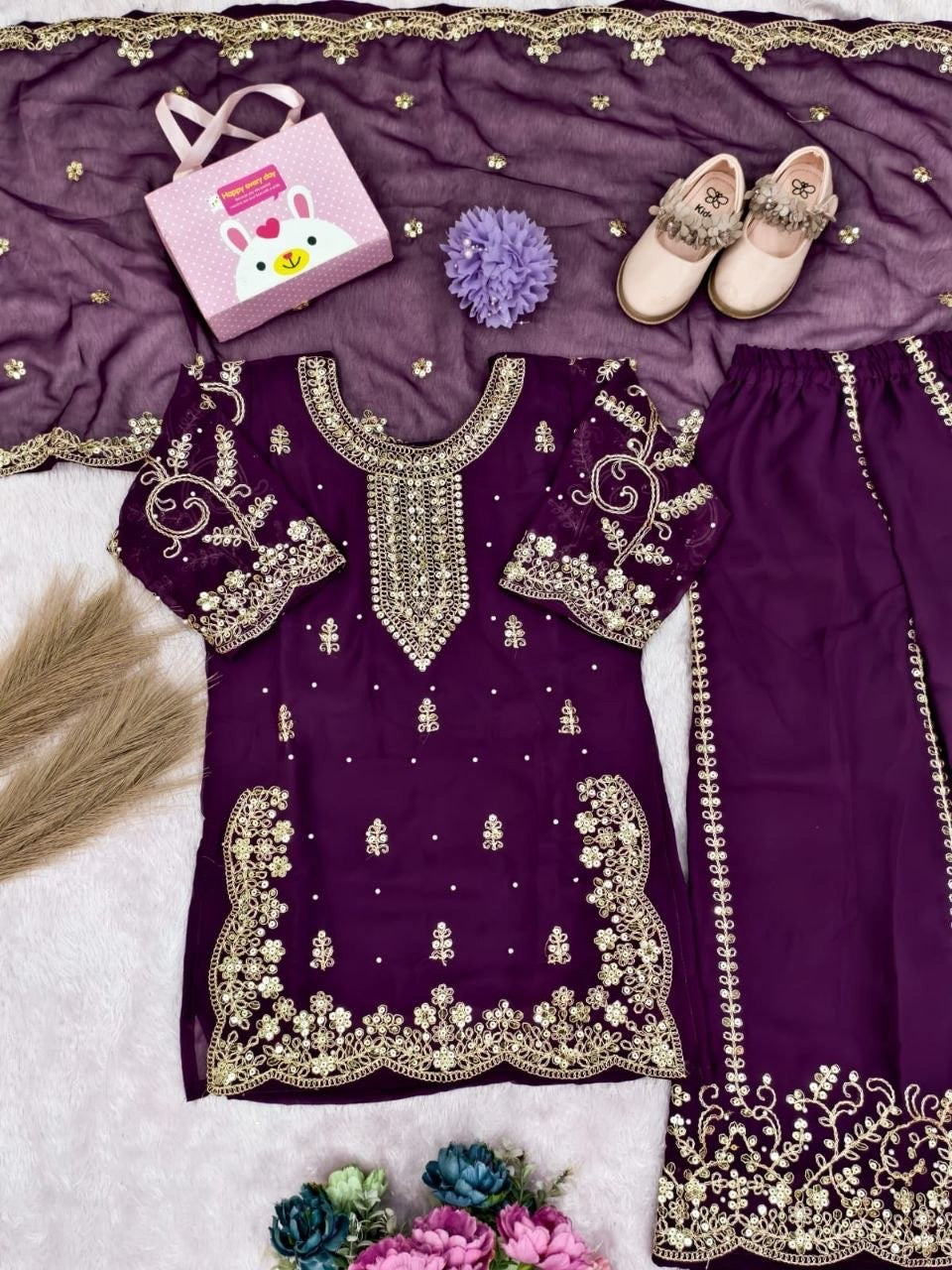 Girls Heavy Embroidered Sharara Suit Set – Georgette Kurti, Palazzo & Dupatta