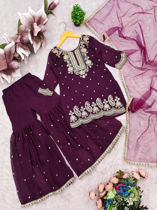 HSK Girls Plum Embroidered Party Suit Set