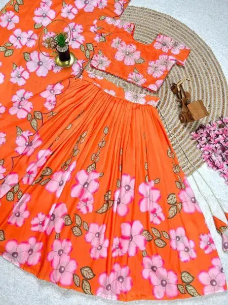 Girls Maslin Cotton Silk Lehenga Choli Set β Handwork Blouse & Printed Skirt