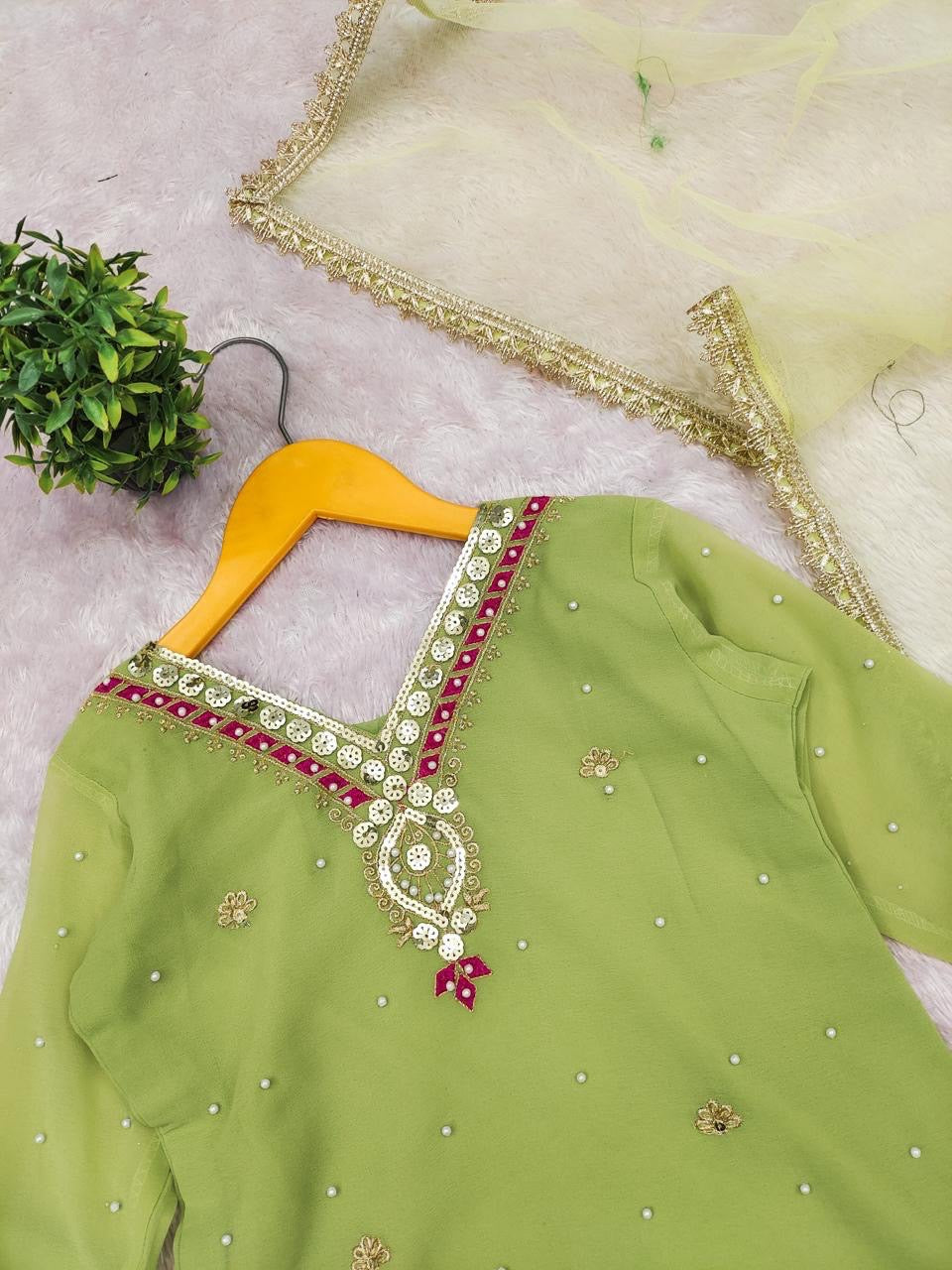 Girls Designer Sharara Suit Set ā Embroidered Georgette Top, Sharara & Dupatta