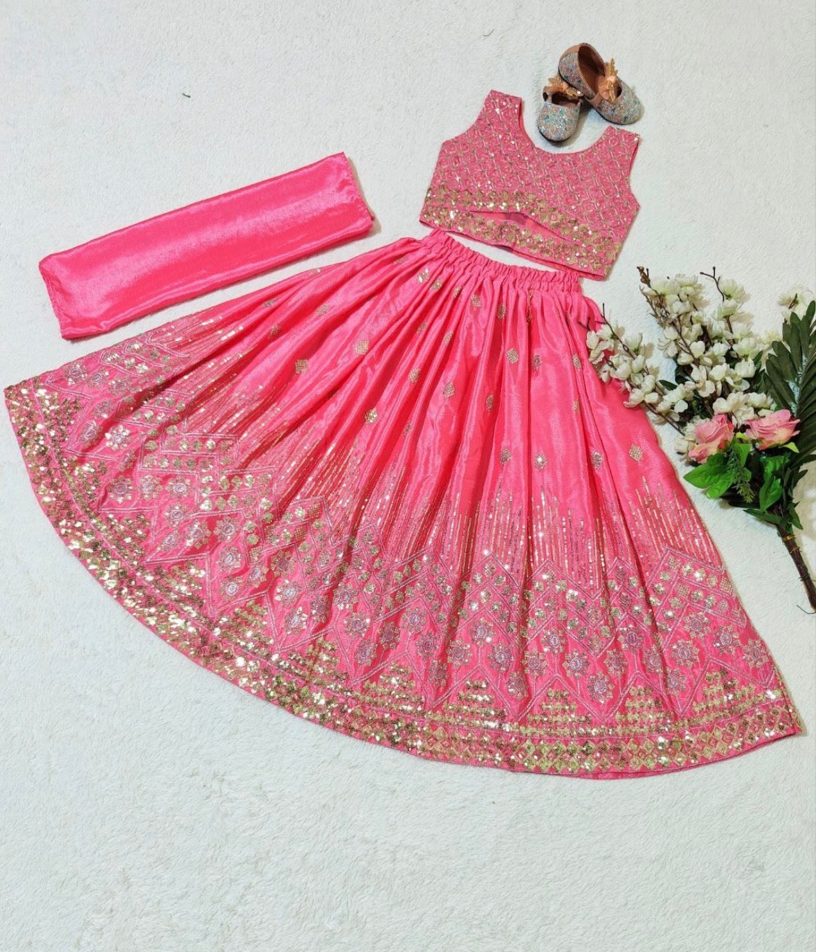 Girls Lehenga Choli Set – Sequin Embroidered Faux Georgette Outfit with Dupatta