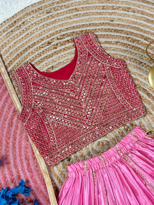 Girls Designer Lehenga Choli Set – Embroidered Chinon Silk Party Wear with Dupatta
