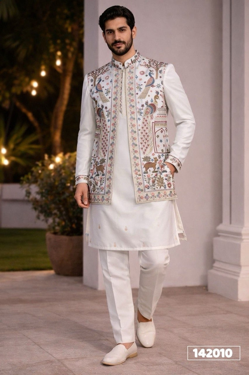 Men’s Embroidered Kurta Pajama with Koti Jacket – Premium Occasion Wear Set