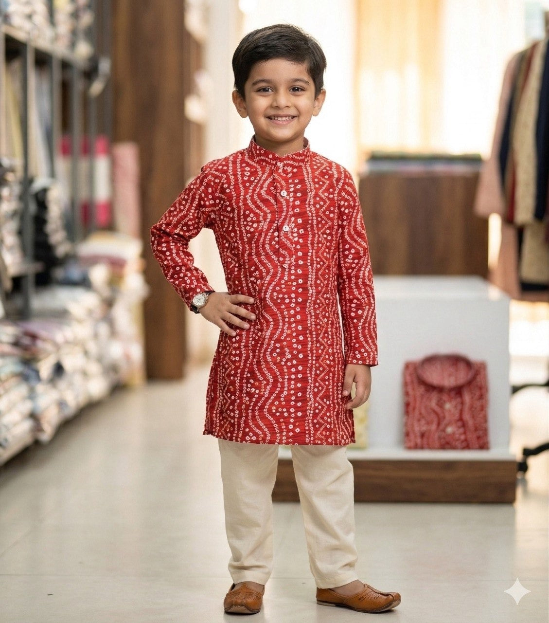 Kids Bandhani Foil Print Kurta