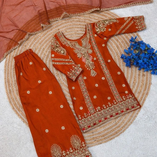 Girls Sharara Suit Set – Embroidered Georgette Kurti Palazzo with Dupatta