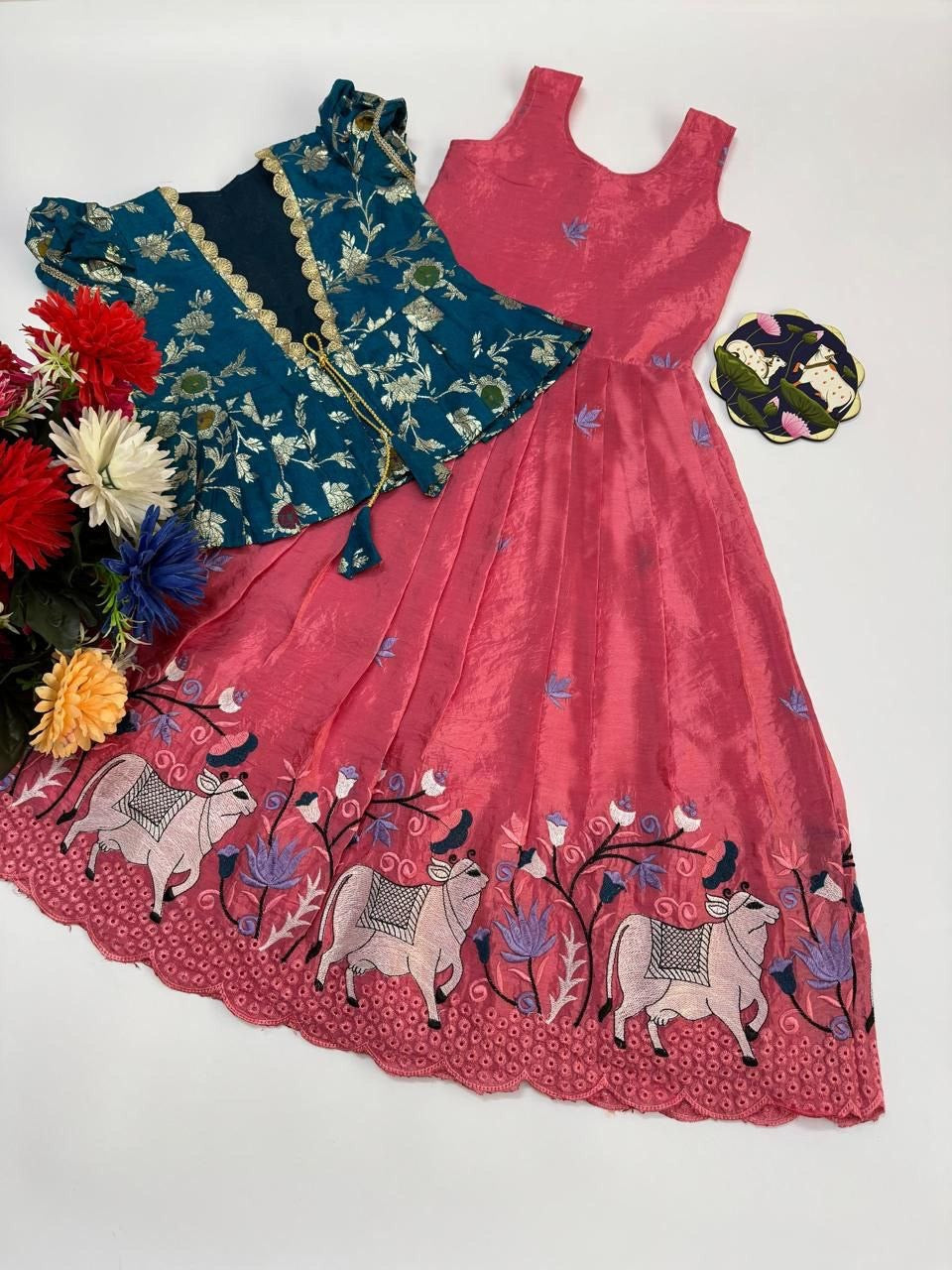 Girls Embroidered Gown with Designer Coat – Pichwai Inspired Party Wear Set