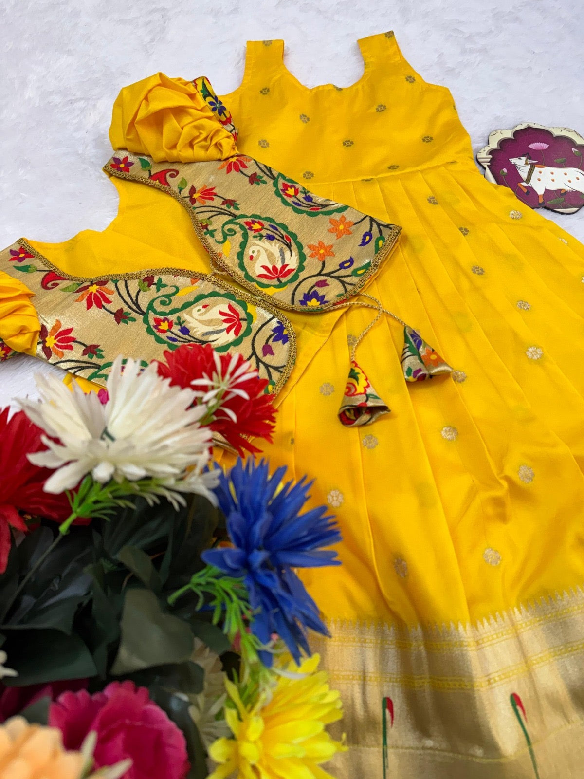 Girls Paithani Silk Gown with Overcoat – Golden Zari Weaving Party Wear