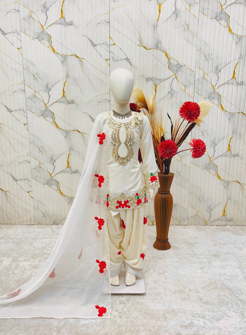 Girls Heavy Embroidered Salwar Suit Set – Crepe Top, Salwar & Organza Dupatta