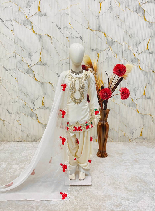 Girls Heavy Embroidered Salwar Suit Set – Crepe Top, Salwar & Organza Dupatta