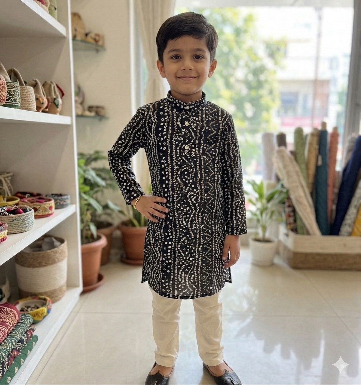 Kids Bandhani Foil Print Kurta