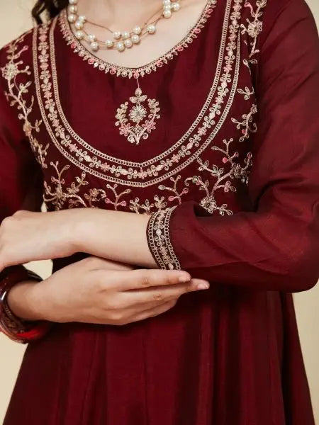 MGirls Silk Blend Kurti Pant Set with Embroidered Dupatta