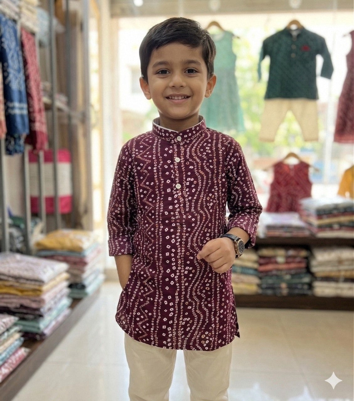 Kids Bandhani Foil Print Kurta