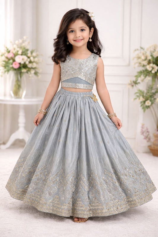 Girls Lehenga Choli Set – Sequin Embroidered Faux Georgette Outfit with Dupatta