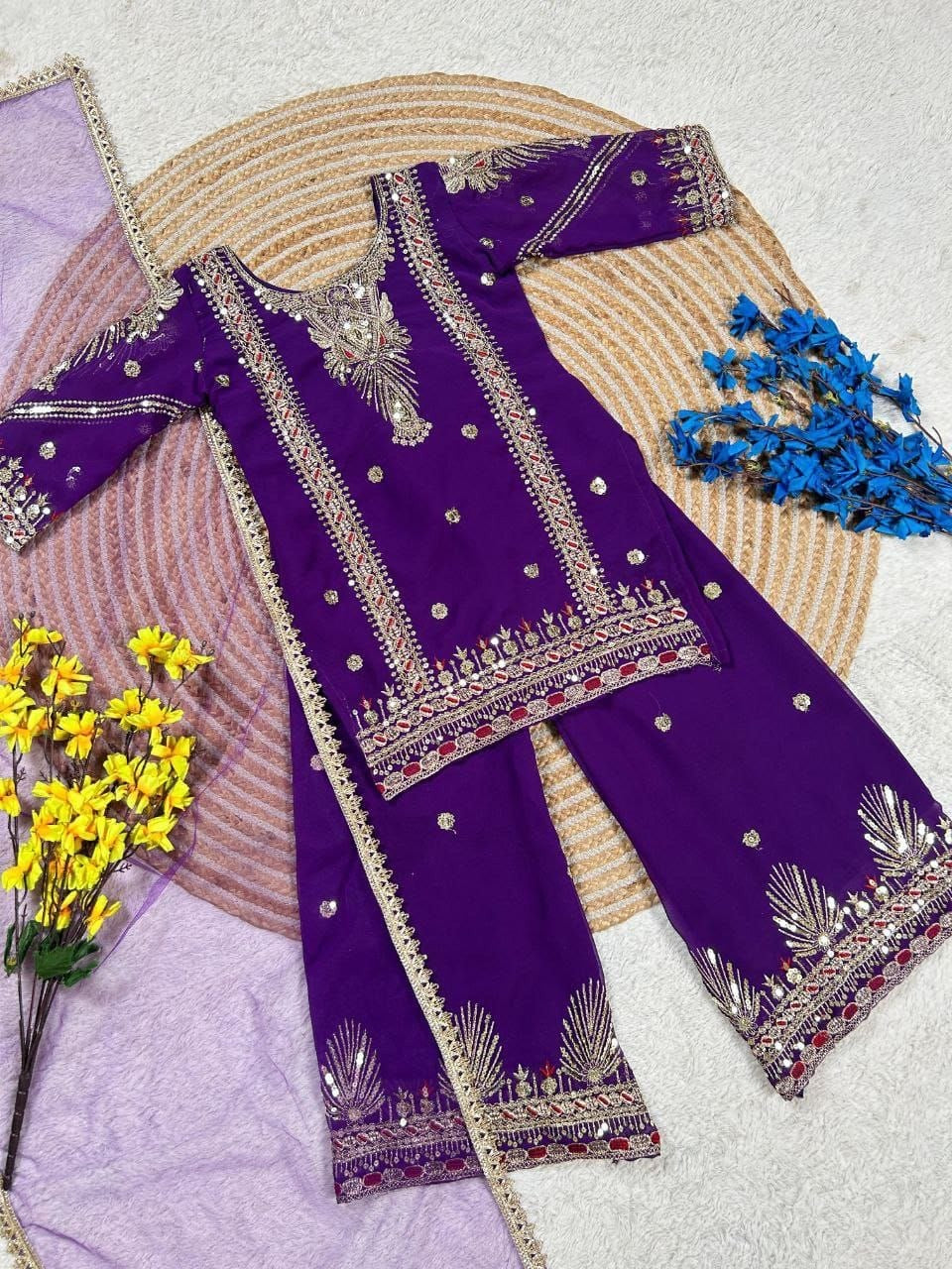 Girls Sharara Suit Set – Embroidered Georgette Kurti Palazzo with Dupatta