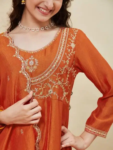 MGirls Silk Blend Kurti Pant Set with Embroidered Dupatta