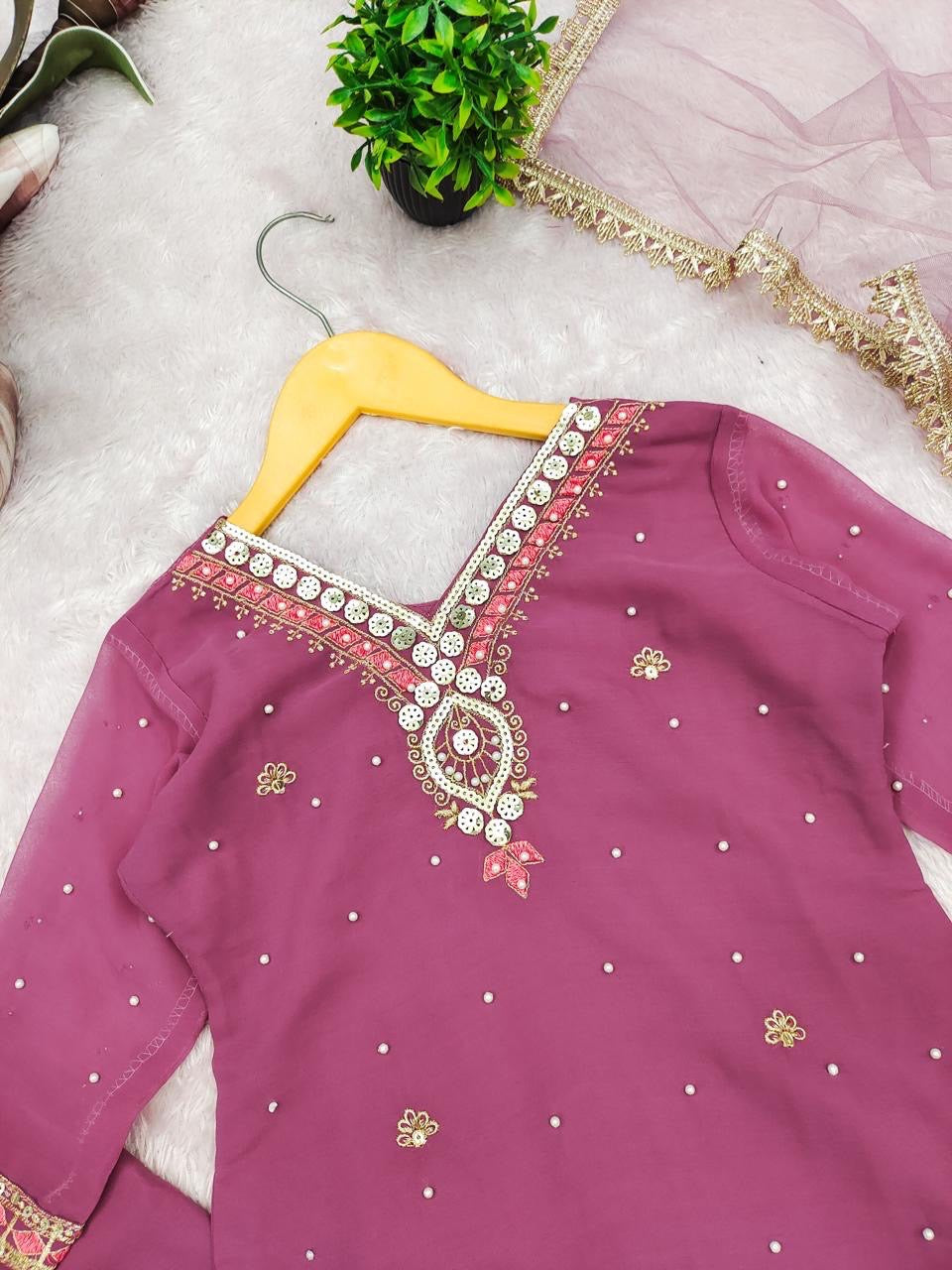 Girls Designer Sharara Suit Set – Embroidered Georgette Top, Sharara & Dupatta