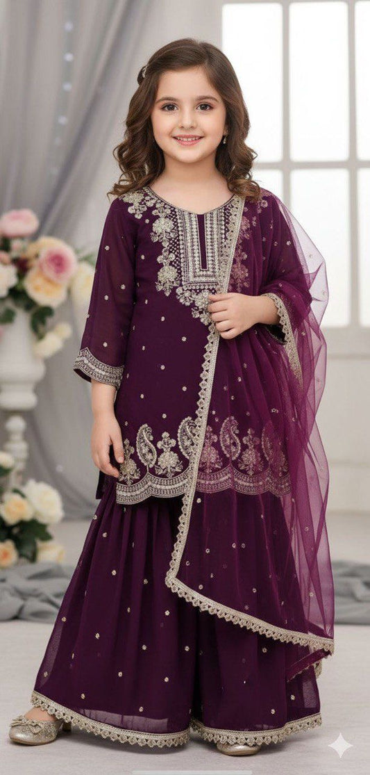 HSK Girls Plum Embroidered Party Suit Set