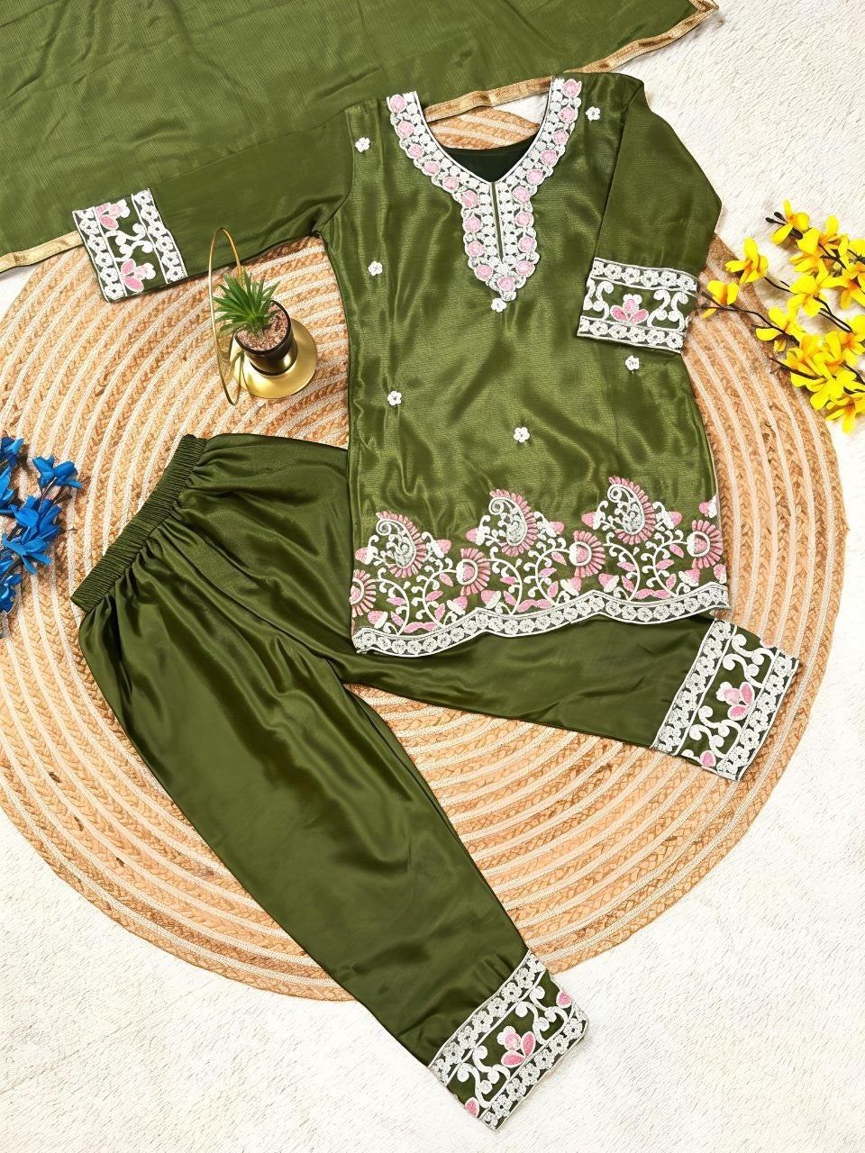 Girls 3-Piece Embroidered Party Outfit – Silk Top, Palazzo & Dupatta