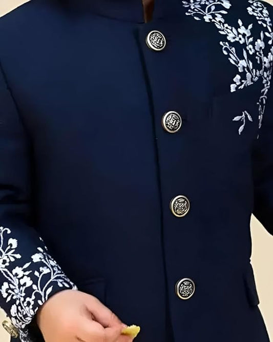 Boys Kurta Dhoti Set with Embroidered Jacket – Blue Festive Outfit