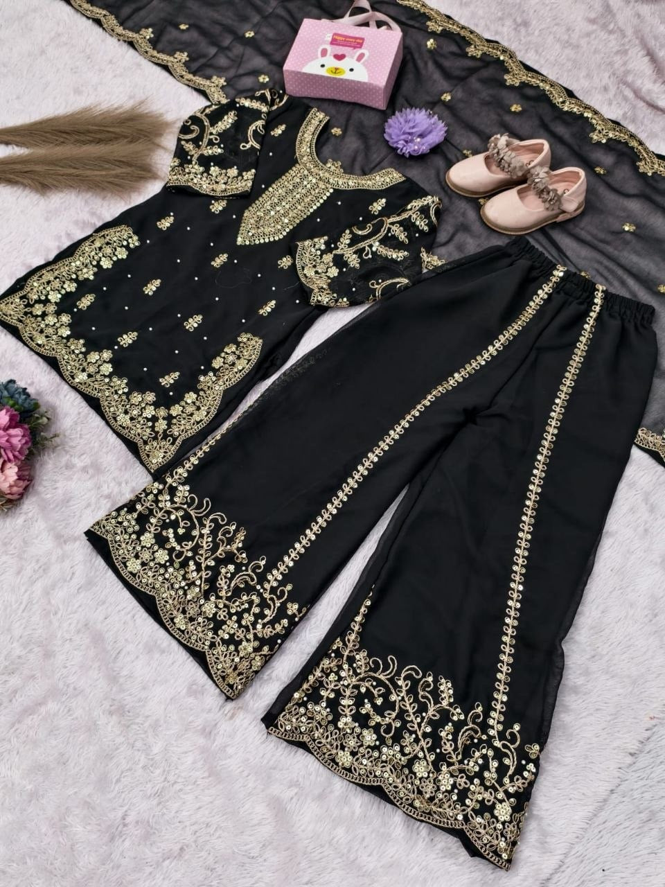 Girls Heavy Embroidered Sharara Suit Set – Georgette Kurti, Palazzo & Dupatta