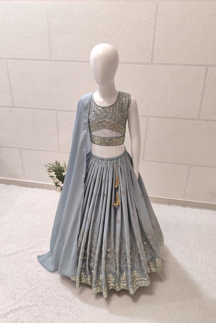 Girls Lehenga Choli Set – Sequin Embroidered Faux Georgette Outfit with Dupatta