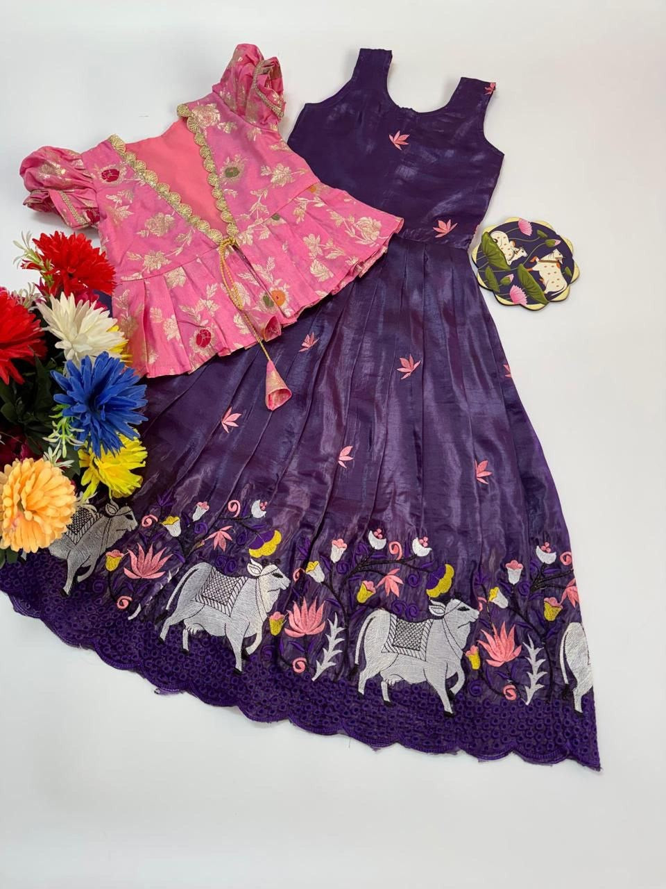 Girls Embroidered Gown with Designer Coat – Pichwai Inspired Party Wear Set