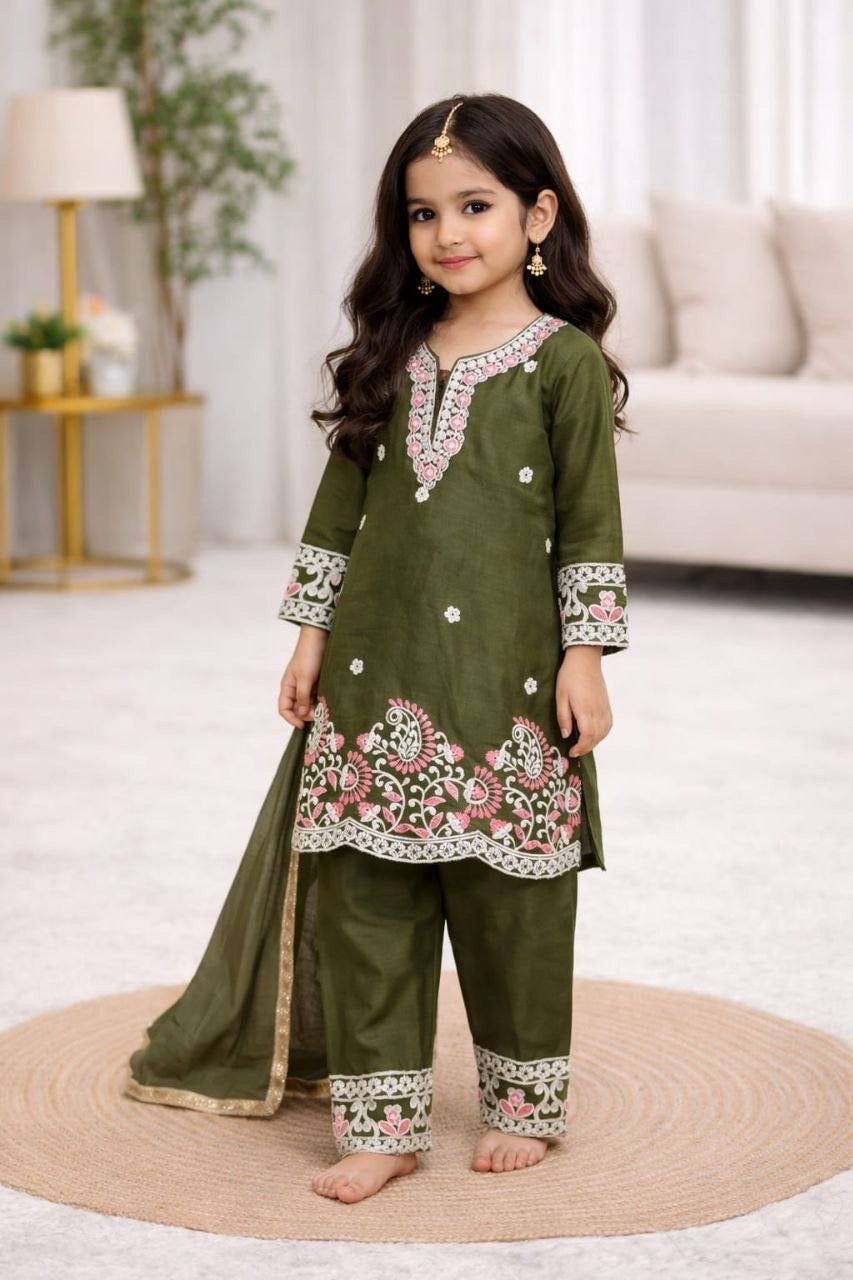 Girls 3-Piece Embroidered Party Outfit – Silk Top, Palazzo & Dupatta