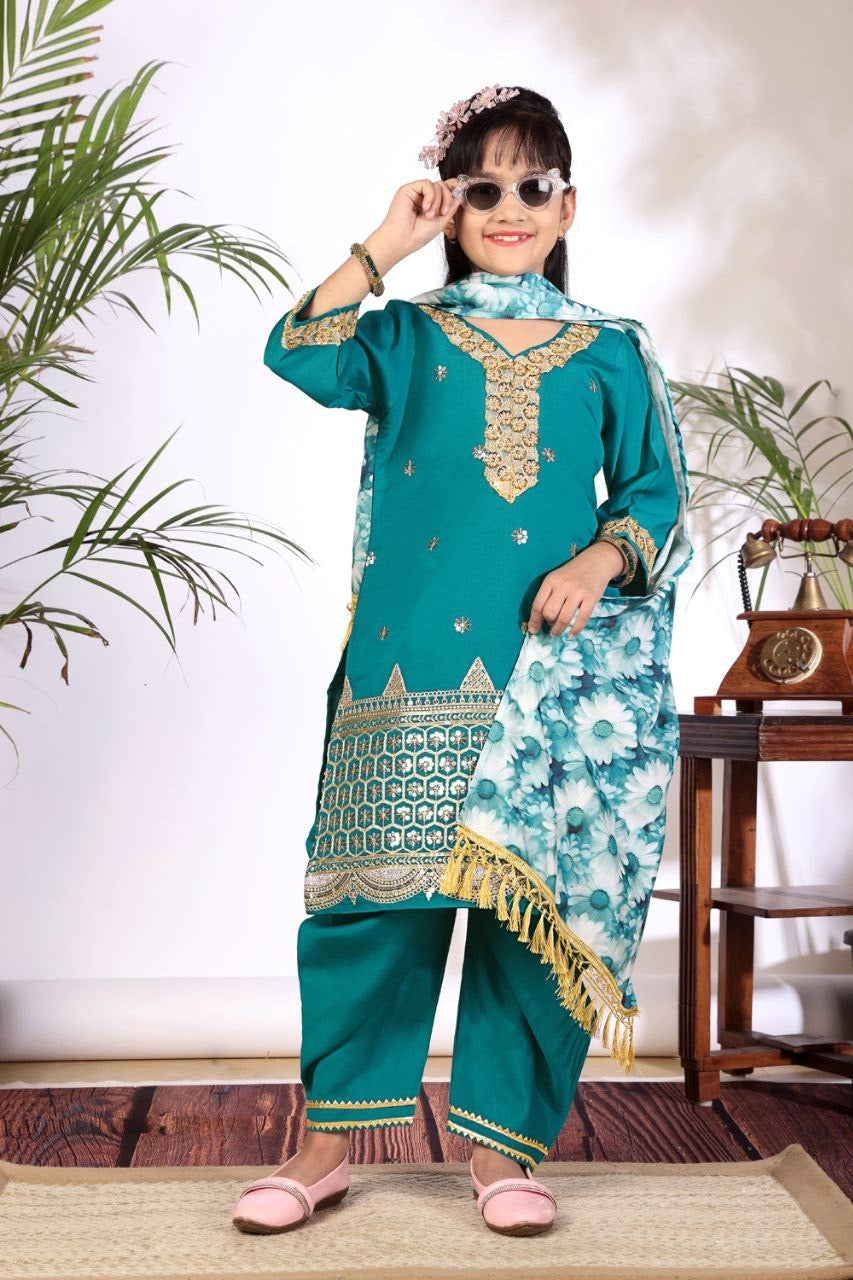 Girls Kurta Set – Floral Embroidered Silk Crepe Top Pant with Dupatta
