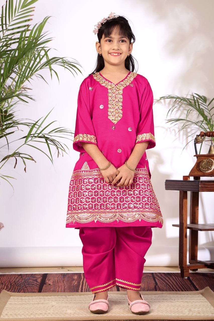 Girls Kurta Set – Floral Embroidered Silk Crepe Top Pant with Dupatta