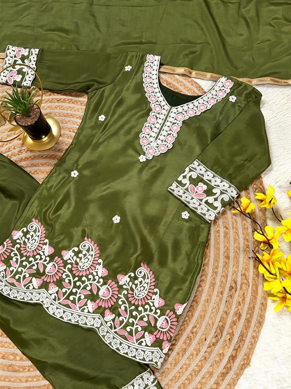 Girls 3-Piece Embroidered Party Outfit – Silk Top, Palazzo & Dupatta