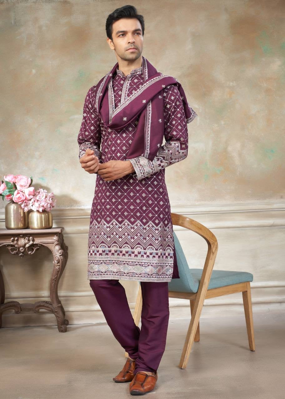 Men’s Silk Kurta Pajama Set with Dupatta – Embroidered Wedding & Party Wear