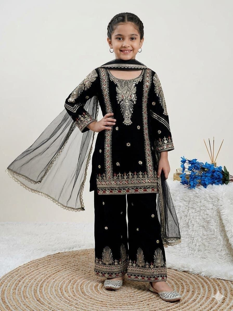 Girls Sharara Suit Set – Embroidered Georgette Kurti Palazzo with Dupatta
