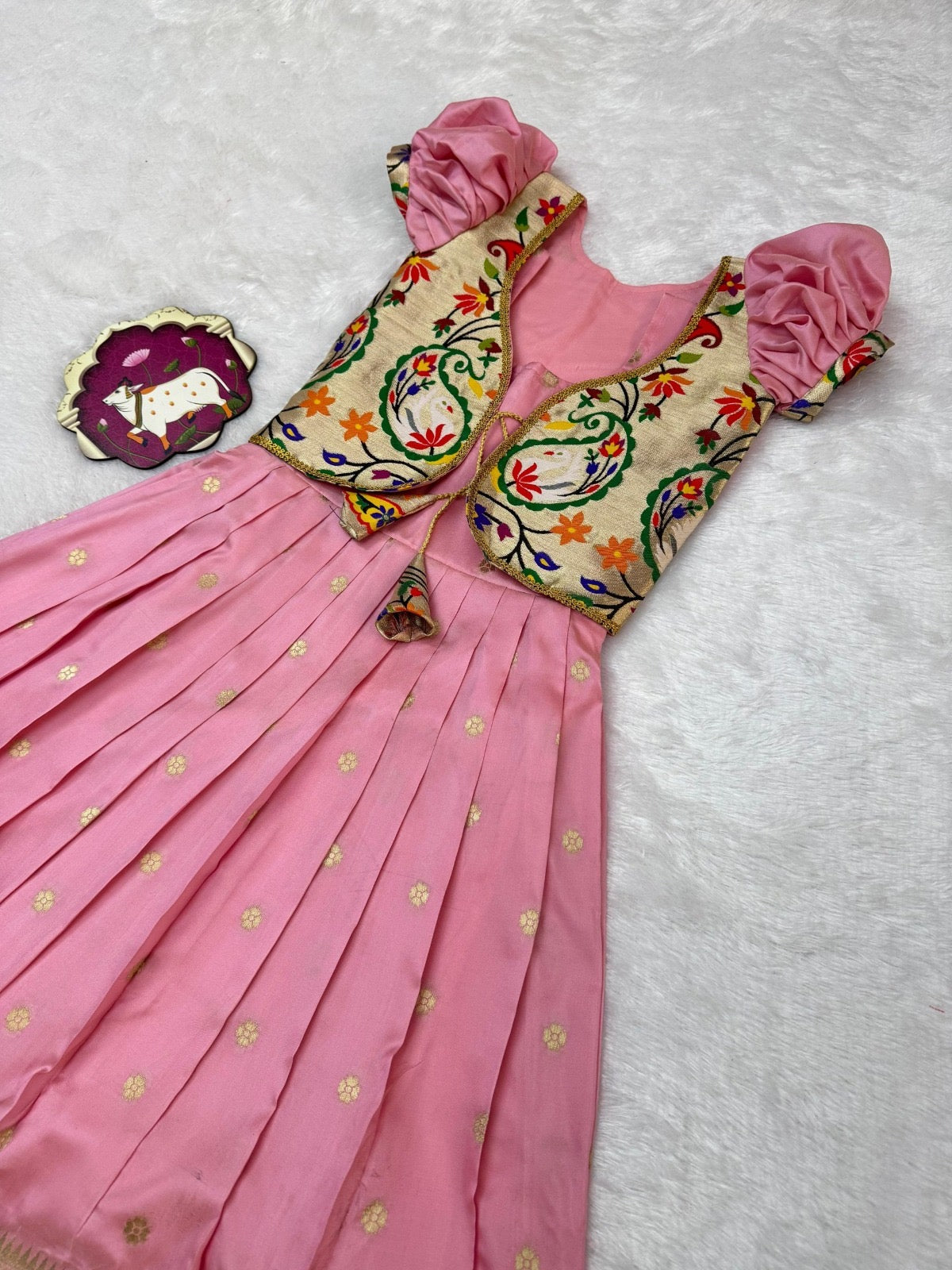 Girls Paithani Silk Gown with Overcoat – Golden Zari Weaving Party Wear
