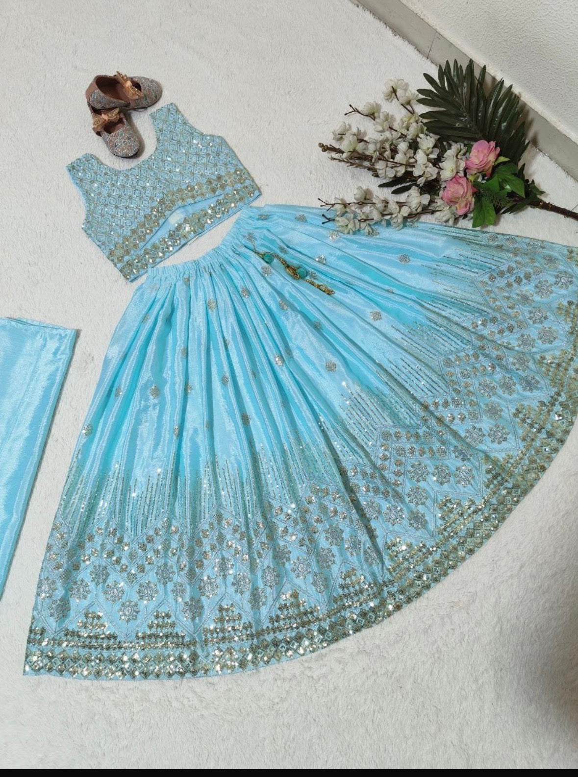 Girls Lehenga Choli Set – Sequin Embroidered Faux Georgette Outfit with Dupatta