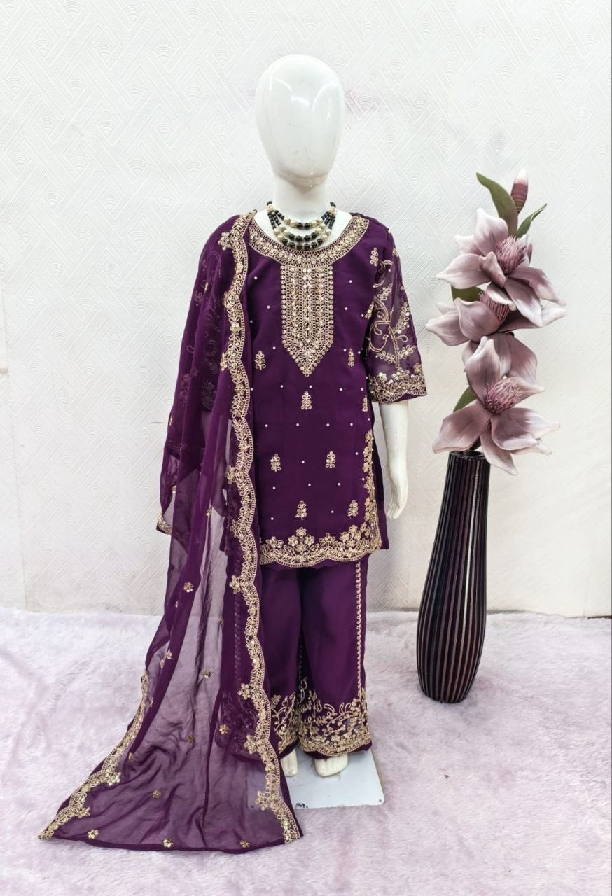 Girls Heavy Embroidered Sharara Suit Set – Georgette Kurti, Palazzo & Dupatta