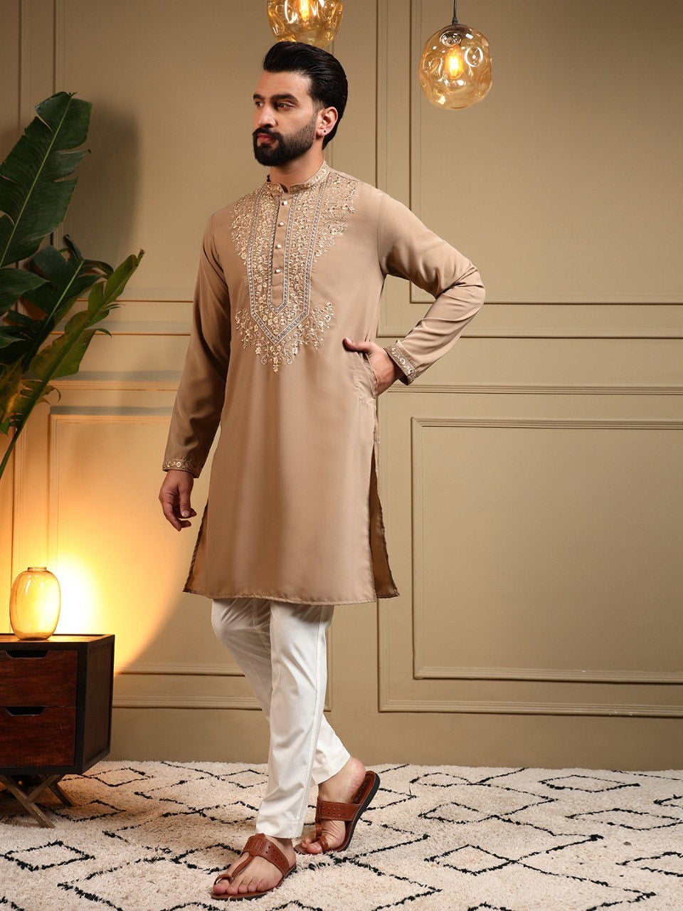 Men’s Embroidered Kurta Pyjama Set – Armani Lachko Fabric