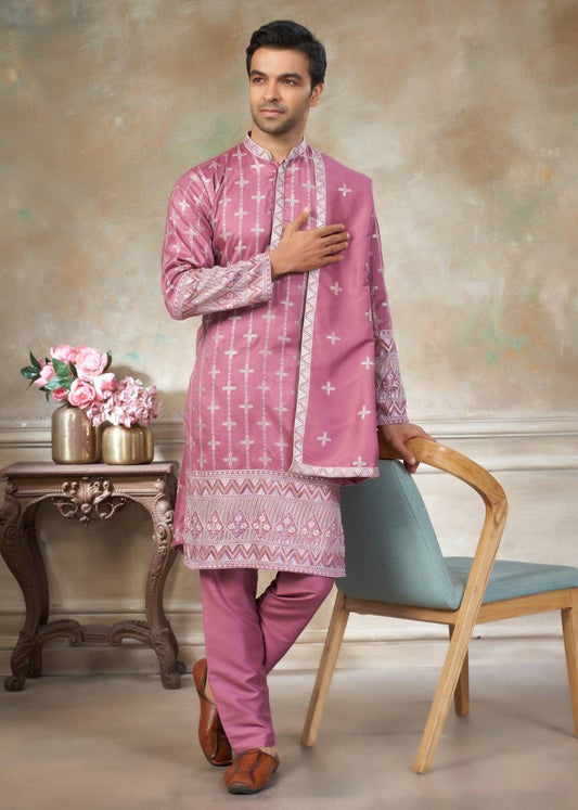 Men’s Silk Kurta Pajama Set with Dupatta – Embroidered Wedding & Party Wear