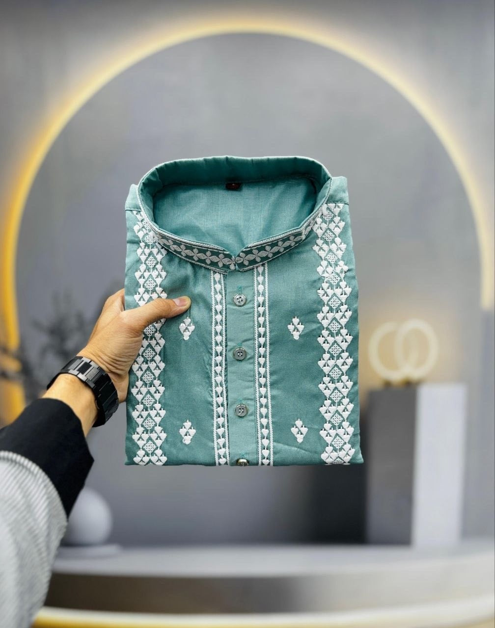 Men’s Heavy Embroidered Silk Kurta – Silver Sequin Detail