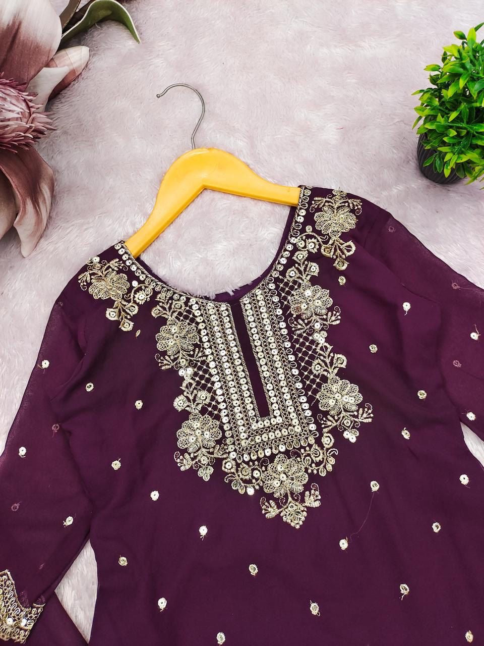 HSK Girls Plum Embroidered Party Suit Set