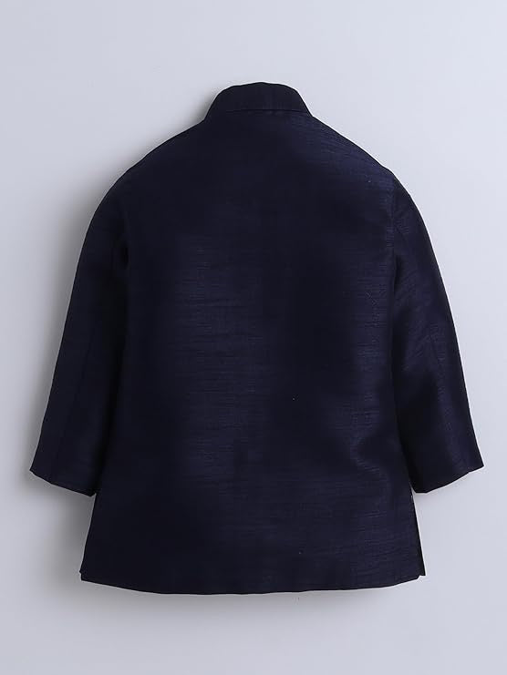 Boys 3-Piece Sherwani Set – Navy Blue Cotton with Velvet Blazer
