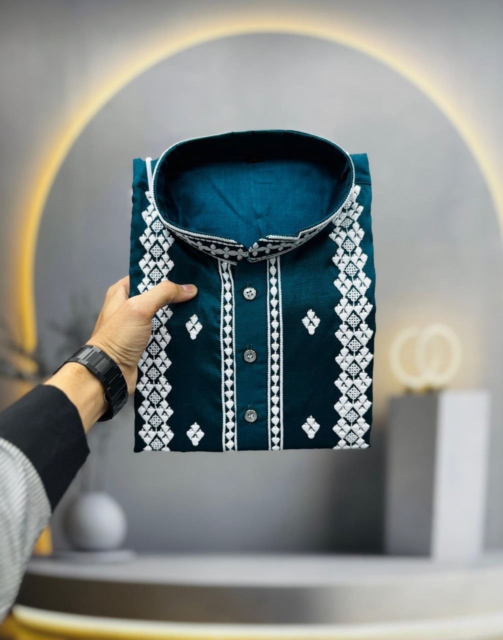 Men’s Heavy Embroidered Silk Kurta – Silver Sequin Detail