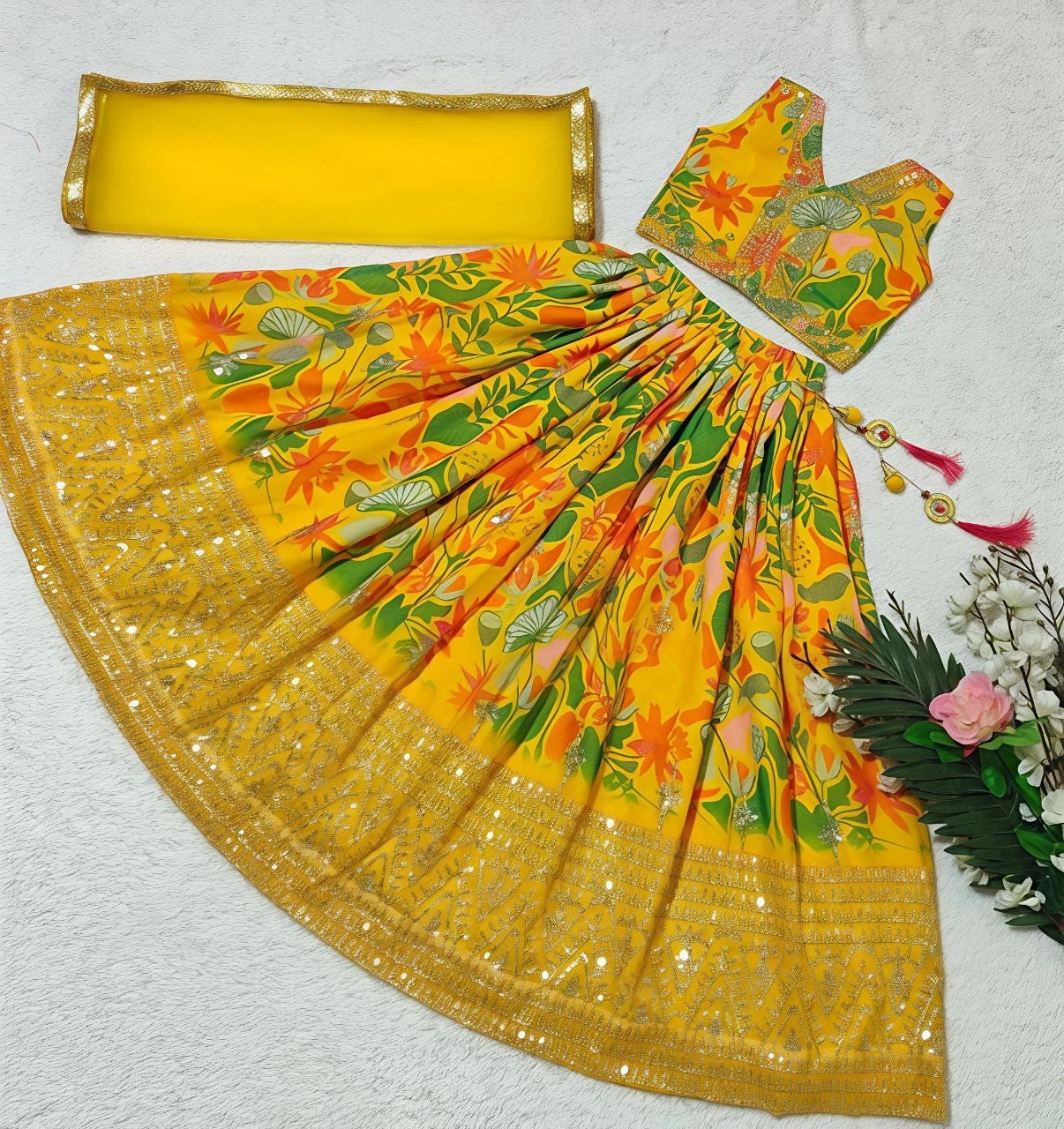 Girls Sequin Embroidered Lehenga Choli Set – Printed Georgette Party Wear with Dupatta