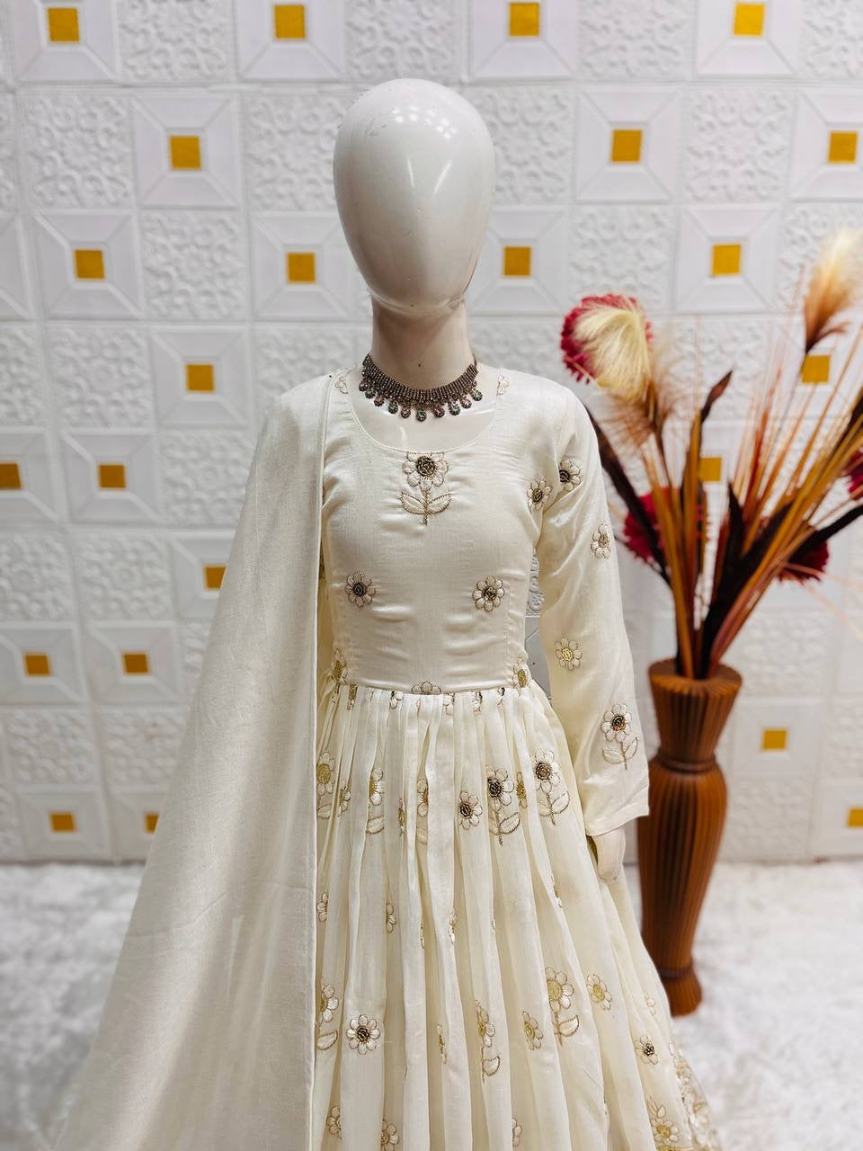 Girls Embroidered Vichitra Silk Gown with Dupatta – Sequin Party Wear