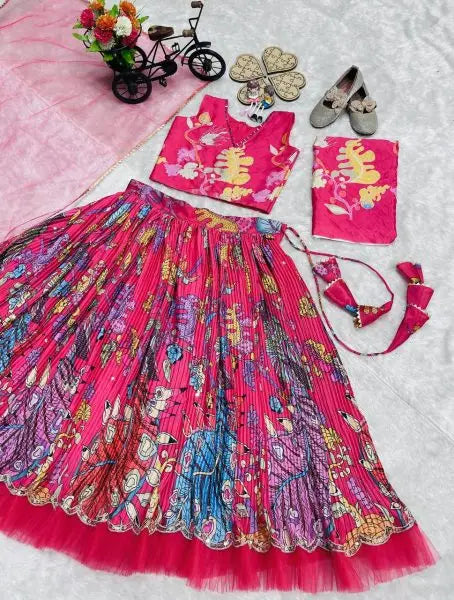 Girls Crepe Lehenga Choli Set with Mirror Handwork – Embroidered Party Wear