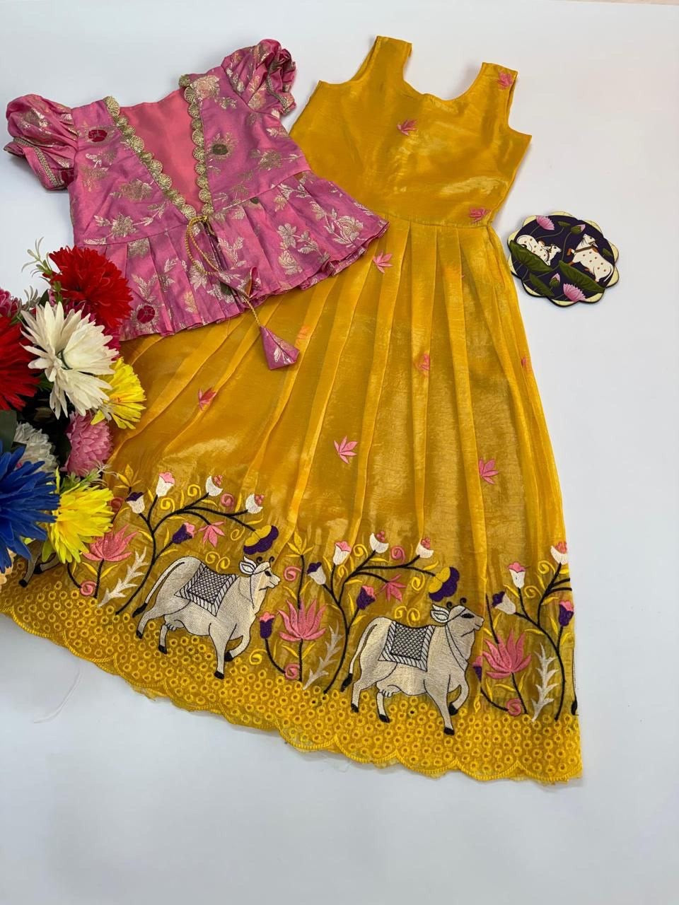 Girls Embroidered Gown with Designer Coat – Pichwai Inspired Party Wear Set