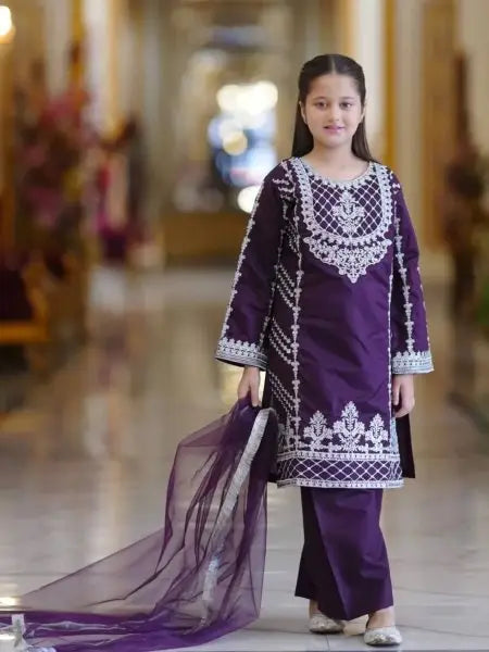 Girls Premium Crepe Silk Embroidered Party Wear Set with Dupatta