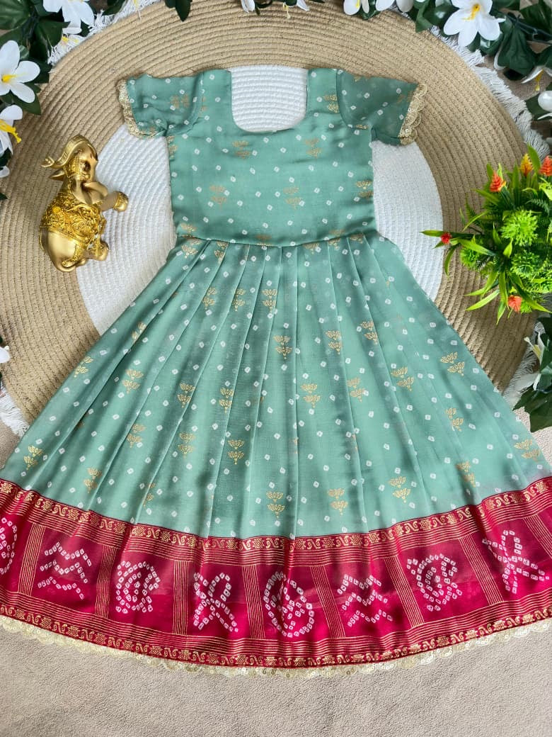 Girls Bandhani Silk Lehenga Choli Set with Dupatta – Embroidered Party & Wedding Outfit