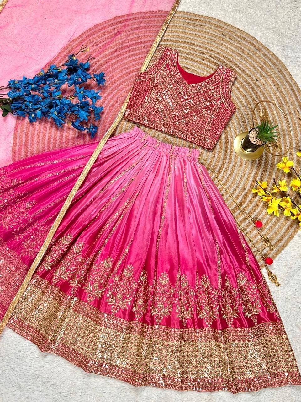 Girls Designer Lehenga Choli Set – Embroidered Chinon Silk Party Wear with Dupatta